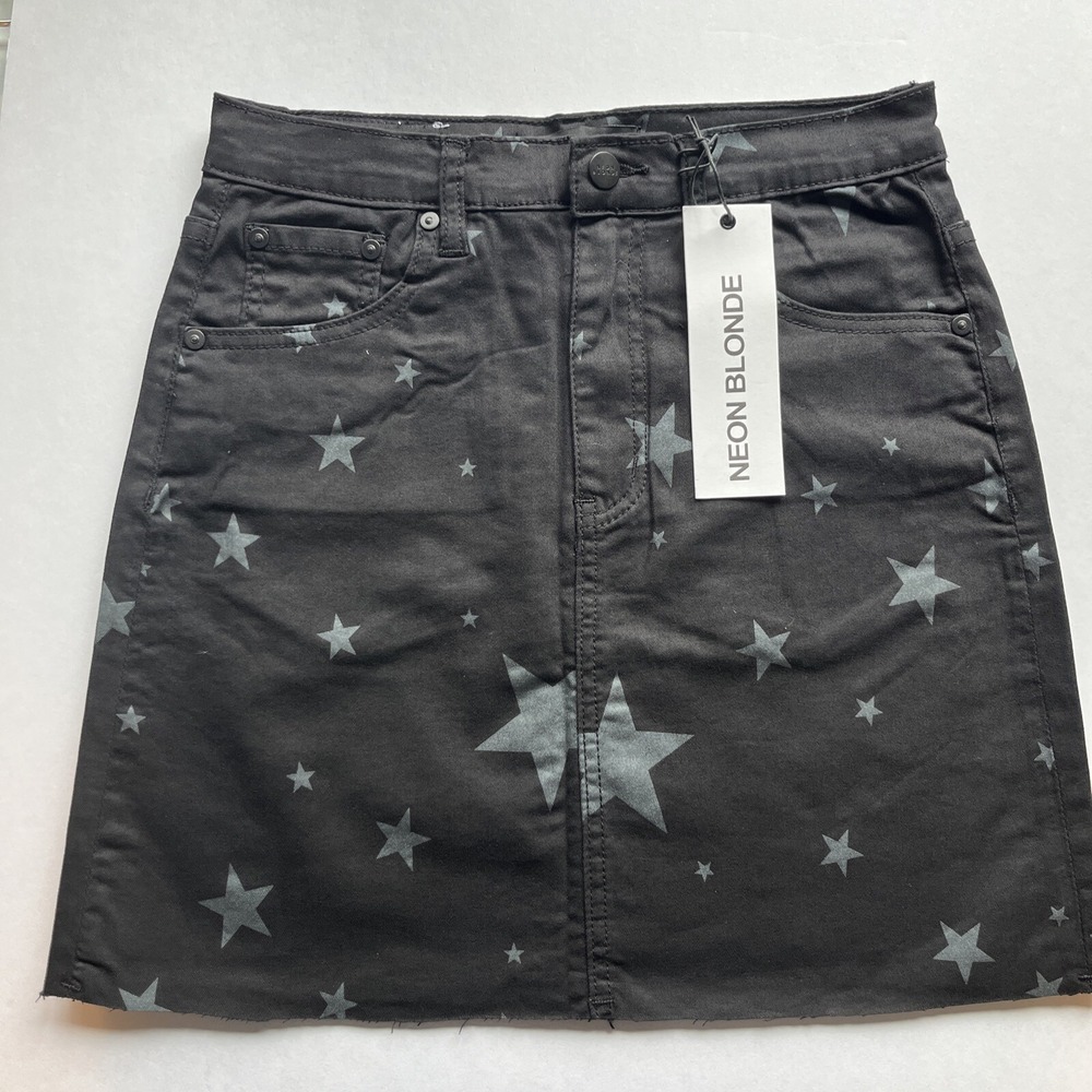 Neon Blonde Tease Starlet Skirt Womens 25 Black Star Print Mini Y2K Rave